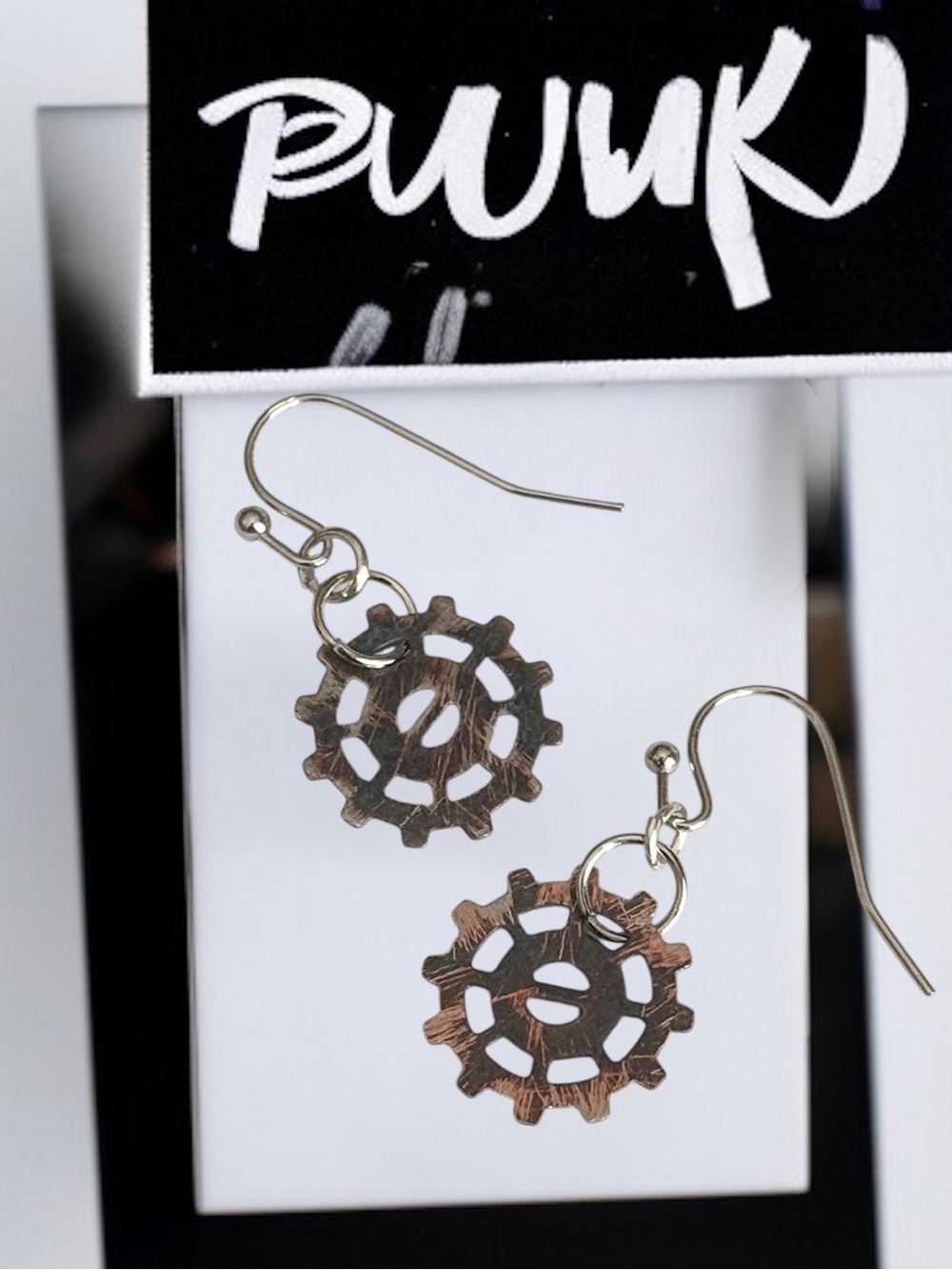 5 For $25💫PUUKU Steampunk Gear Charm Dangle Earrings in Metallic Bronze